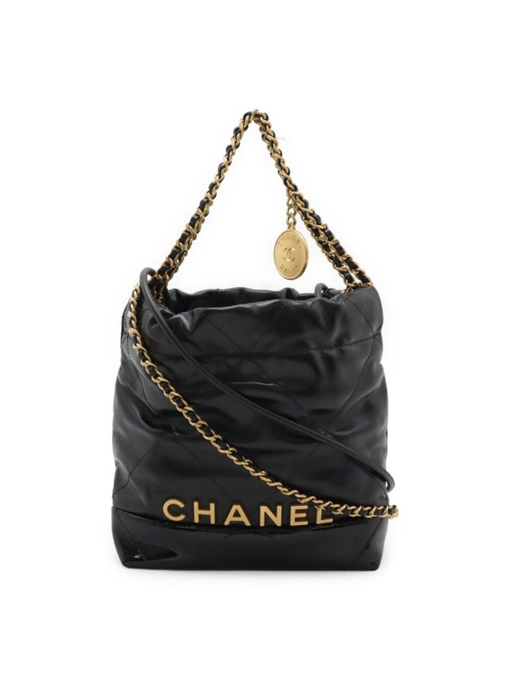 Chanel 22 Shoulder Bag Chain Drawstring Patent Leather Black Gold
